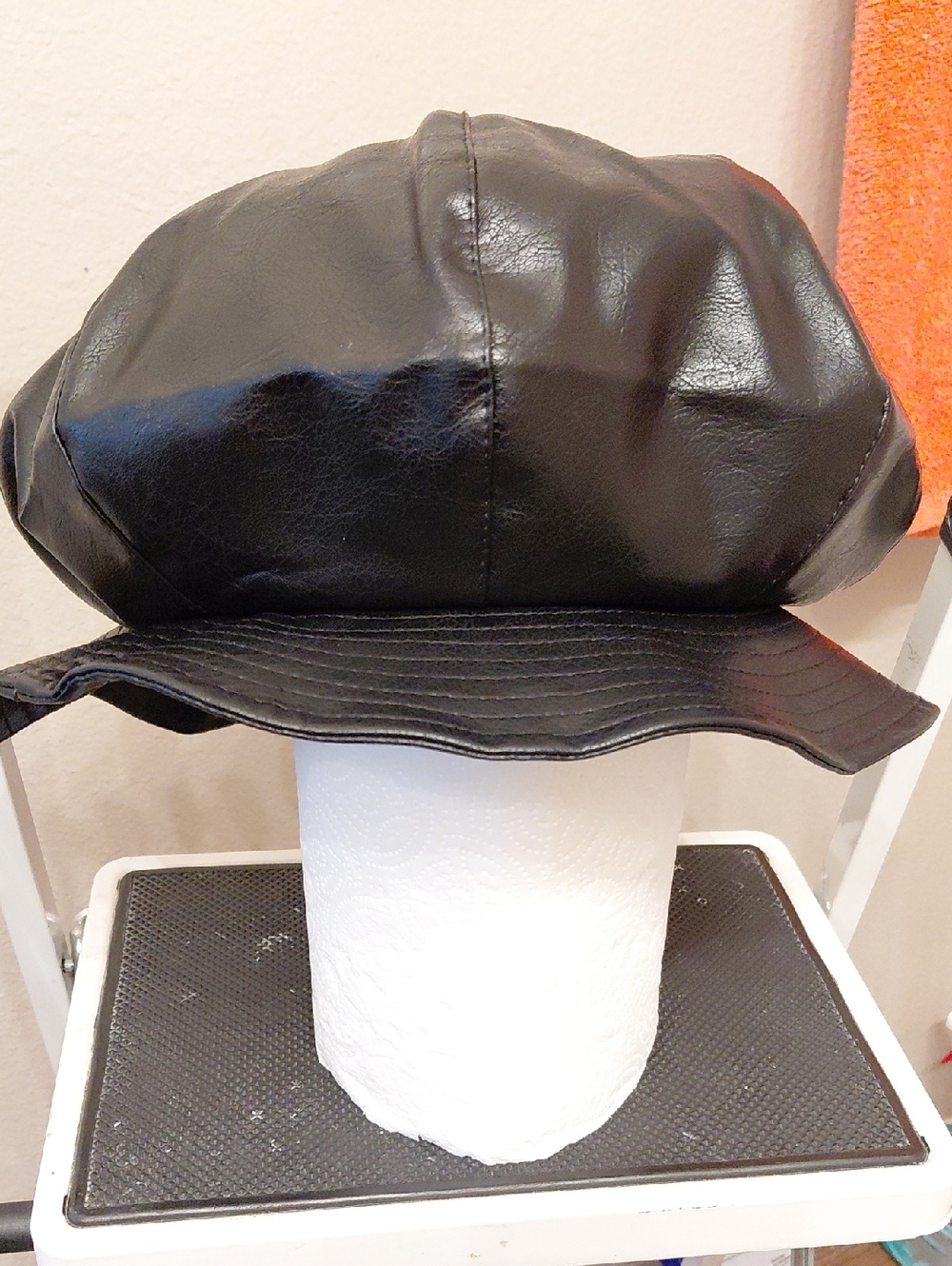Black Faux Leather Newsboy Cap - Women